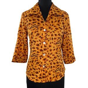 VTG Y2K 90s Selene Sport Orange Brown Blouse Leopard Collared Button-Up S Small